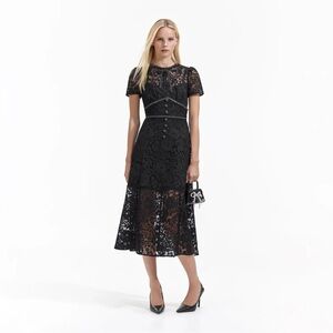 NWT Self-Portrait Cord Lace Bow Midi Dress in Black